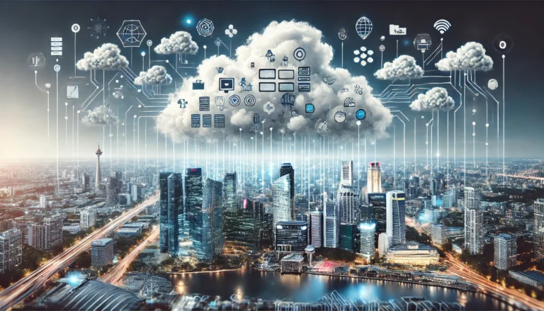 A-photorealistic-representation-of-cloud-computing-highlighting-misconceptions-and-realities.-The-scene-features-a-modern-city-with-a-computer-based-cloud-system-overhead